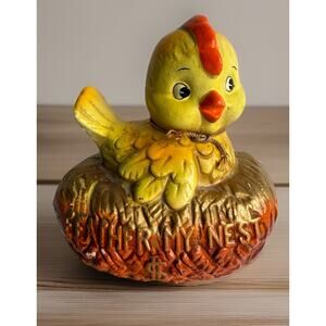 VTG Enesco FEATHER MY NEST Coin Savings Bank Chalkware Chick Yellow Japan Farm